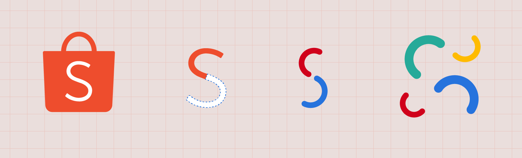 Shopee Campus Recruitment concept exploration — the Shopee bag mark deconstructed into its S-shaped swoosh, then recoloured across the brand palette